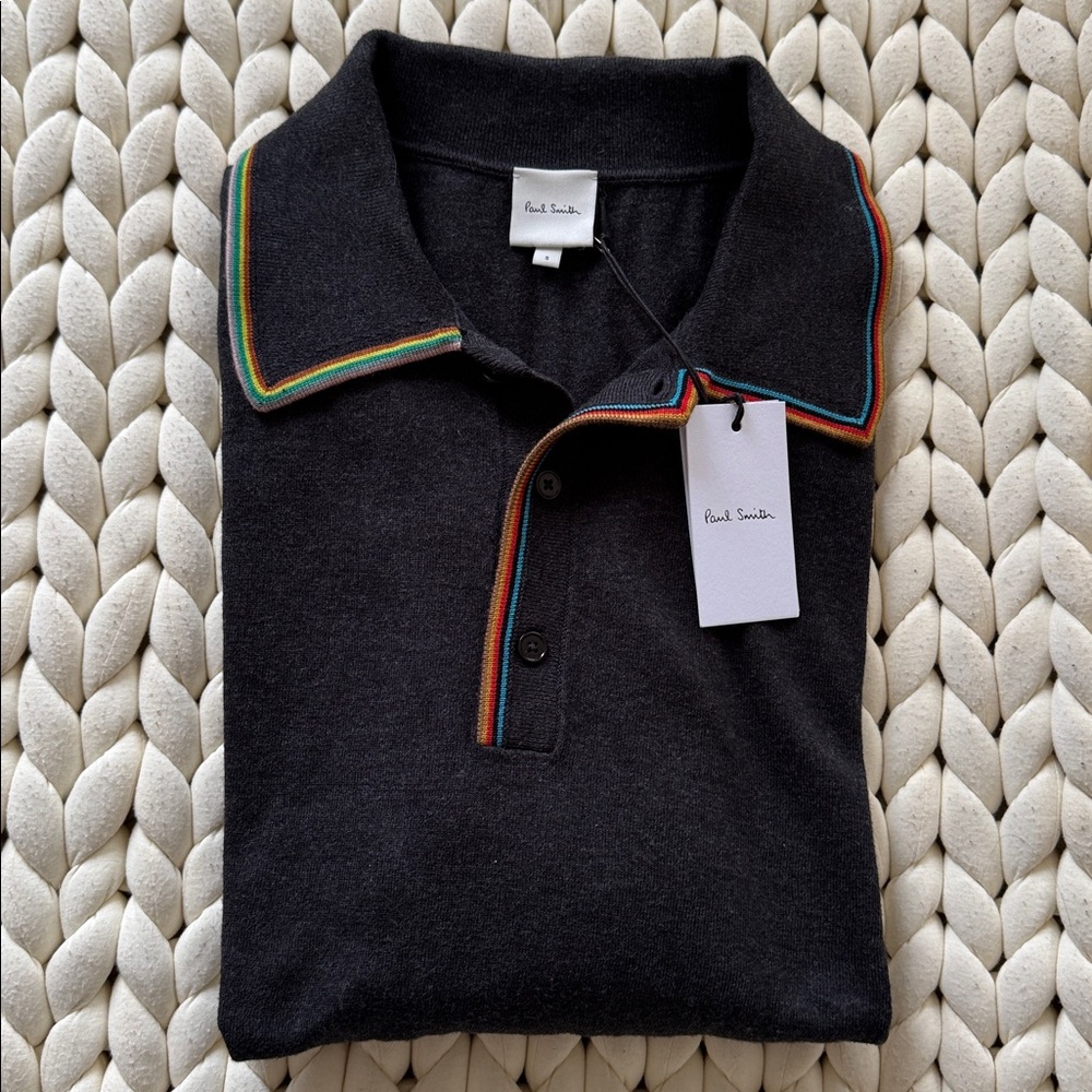 Paul Smith Charcoal Long Sleeve Polo with Vibrant Trim